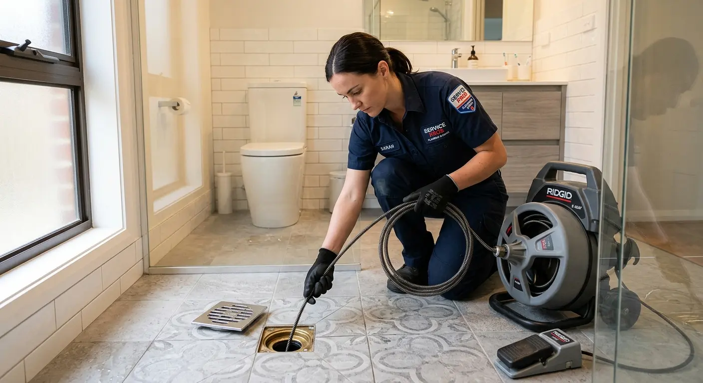 Technician clearing a bathroom floor drain for Sewer Line Installation in Mayo